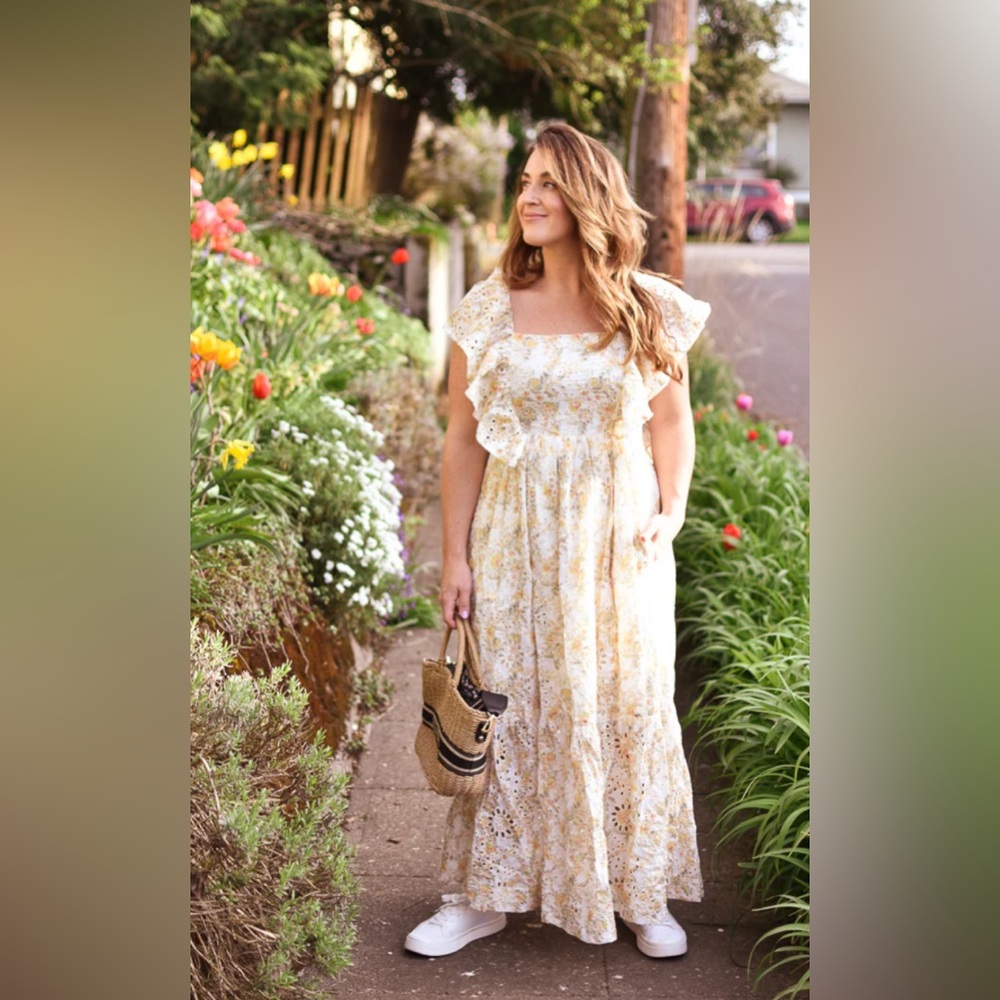En Saison yellow floral eyelet midi dress